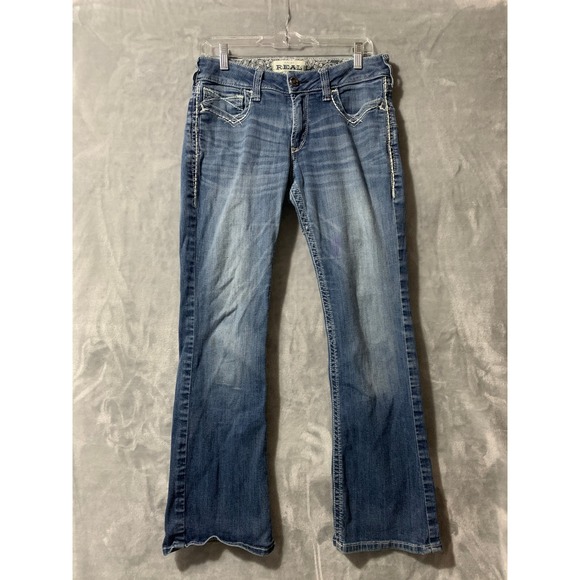 Ariat REAL Jeans Marine Womens Size 31s Bootcut Embellished Pockets Cowgirl Flaw - Picture 1 of 16